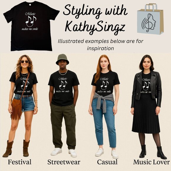 Music Makes Me Smile Graphic Tee T Shirt Size XL Black Cotton Music Lover Tee - Picture 2 of 6